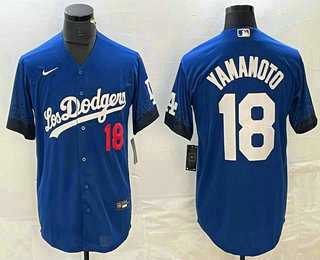 Mens Los Angeles Dodgers #18 Yoshinobu Yamamoto Number Blue 2021 City Connect Cool Base Stitched Jersey